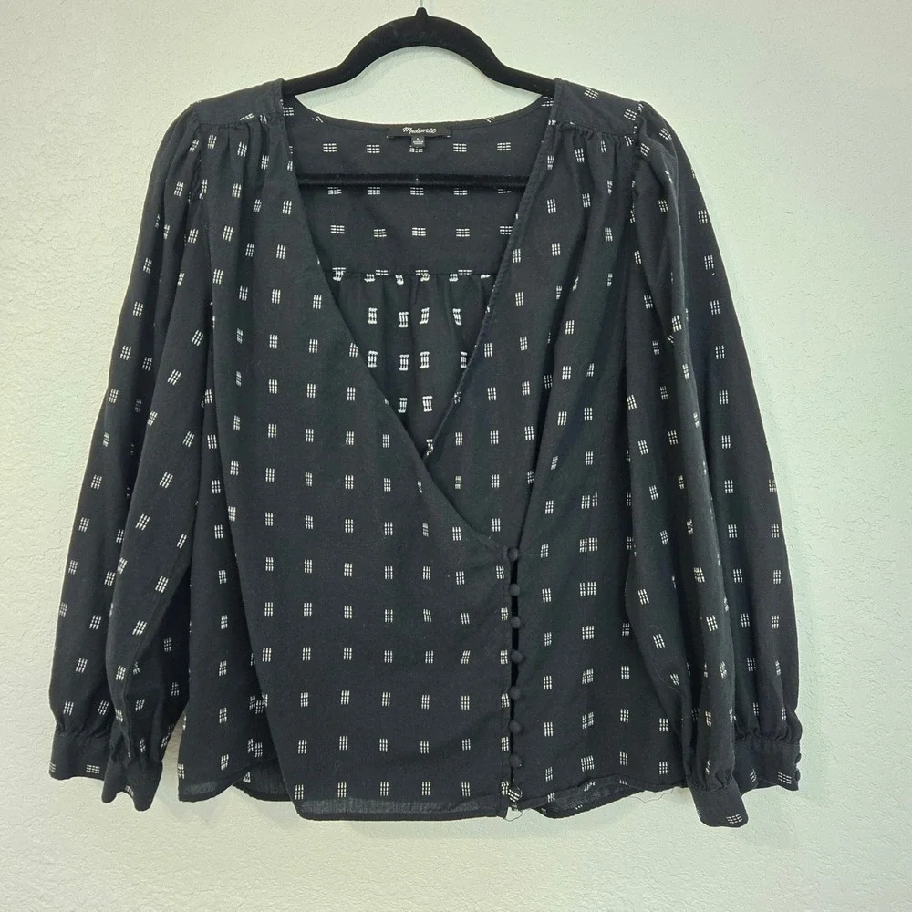 Madewell L Black White Geometric Print Wrap‎ V Neck Long Sleeve Blouse Top